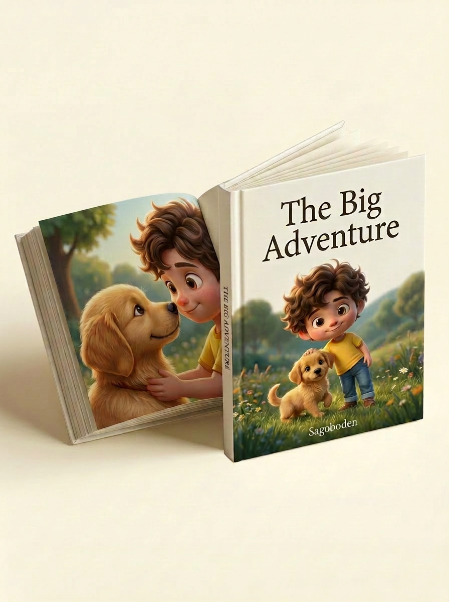 Personlig sagobok med ett barn som huvudkaraktär, i Pixar-liknande illustrationsstil